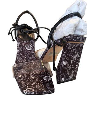 Schutz Mayla Black Paisley Fabric Ankle Tie Heels Sandals Size 7.5 NIB